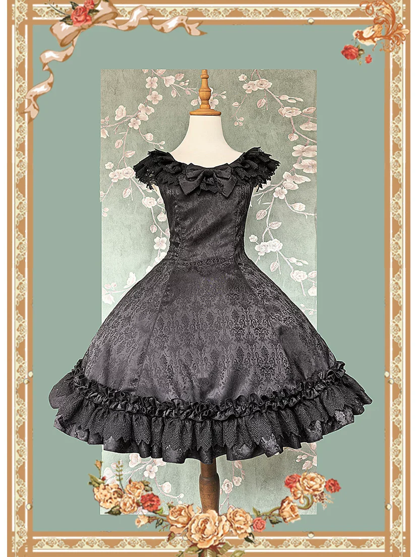 Canon Of Floral Melody - Gothic Lolita Black JSK Dress, Jacquard Pattern - Image 4