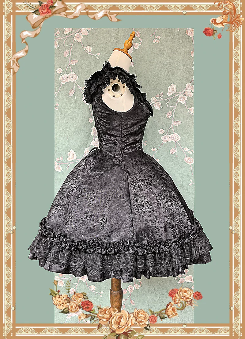 Canon Of Floral Melody - Gothic Lolita Black JSK Dress, Jacquard Pattern - Image 6