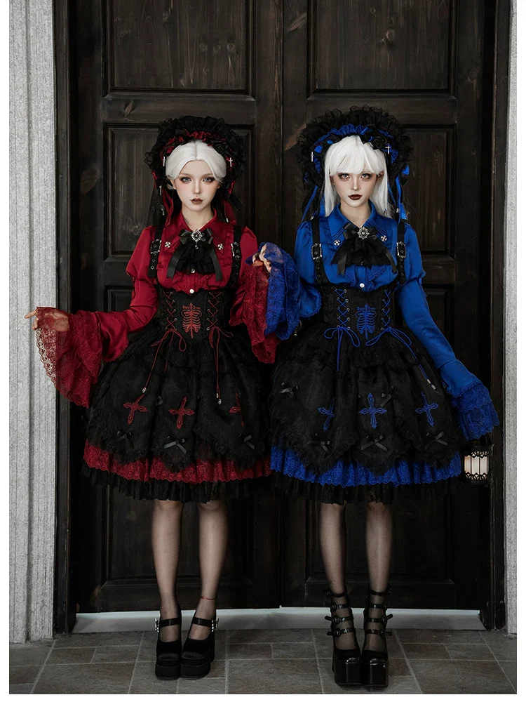 Dark Fog Feast - Gothic Lolita Bust-support Strap Dress, Lace & Cross - Image 15