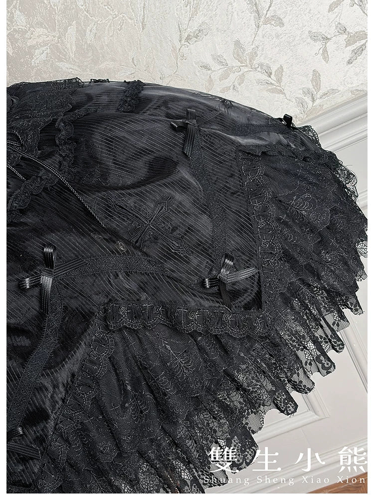 Dark Fog Feast - Gothic Lolita Bust-support Strap Dress, Lace & Cross - Image 30