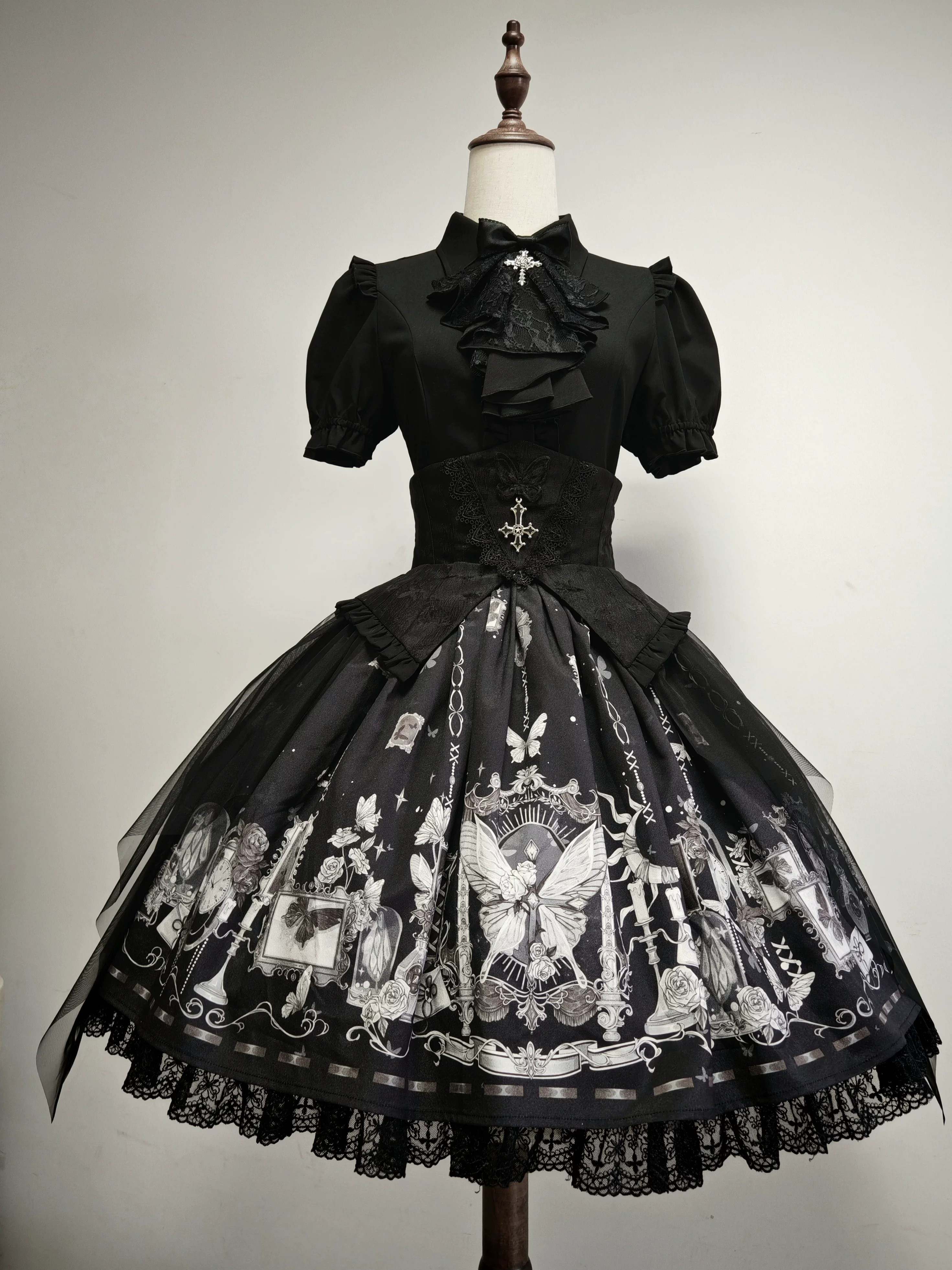 Butterfly Shadow - Halloween Gothic Lolita Fishbone Skirt & Shirt, Butterfly Print - Image 11