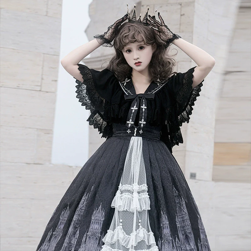 Silent Church - Gothic Lolita JSK Front Open Printed Dress and Thin Cardigan Set - Image 3