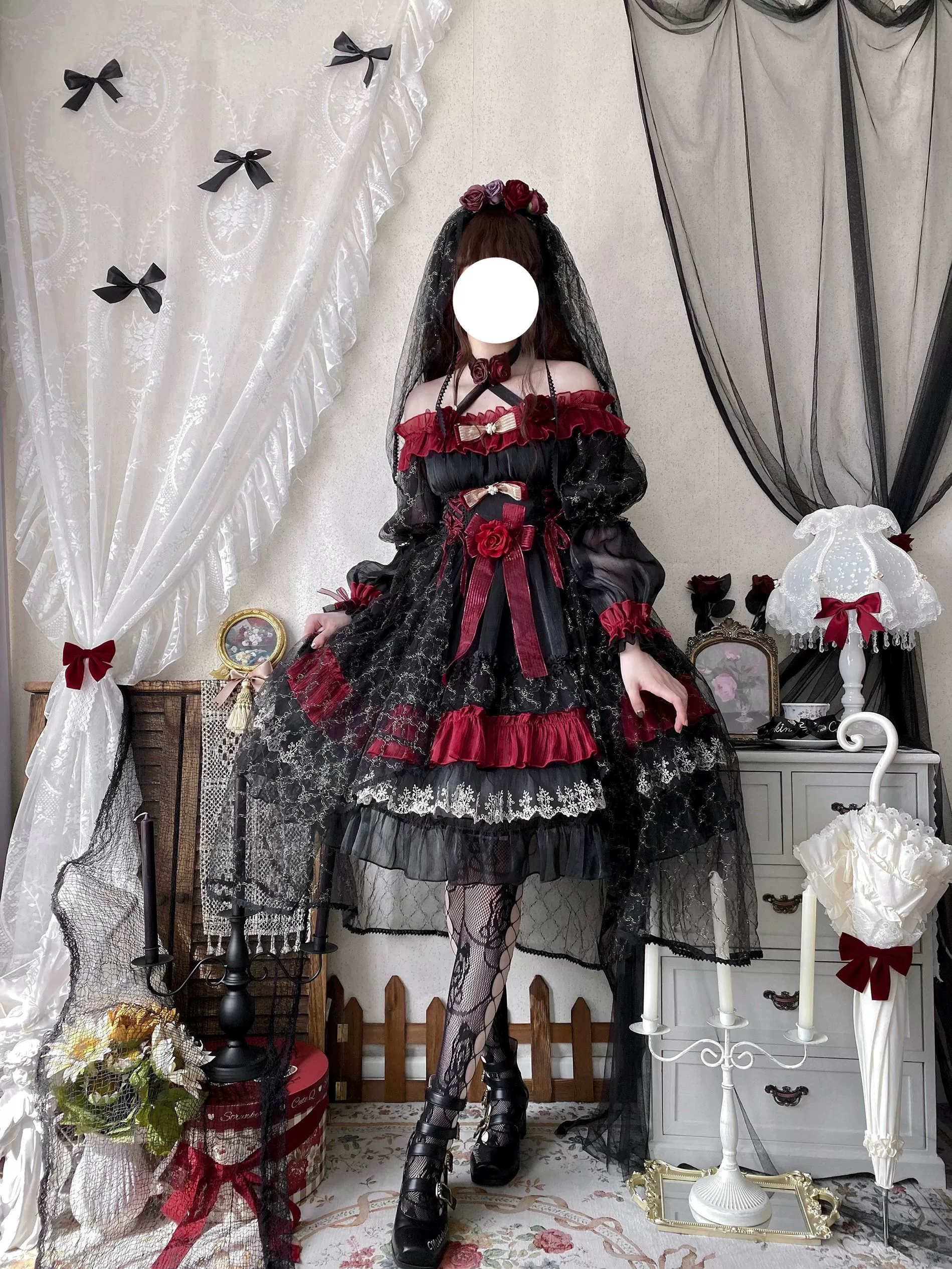 Night of Berea - Black and Red Gothic Lolita OP Dress, Floral Accent - Image 17