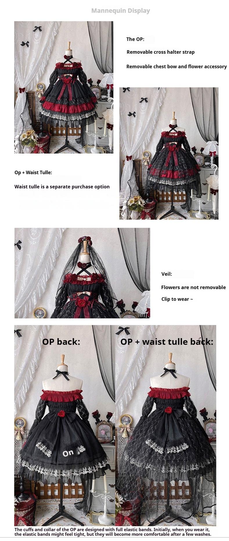 Night of Berea - Black and Red Gothic Lolita OP Dress, Floral Accent - Image 21