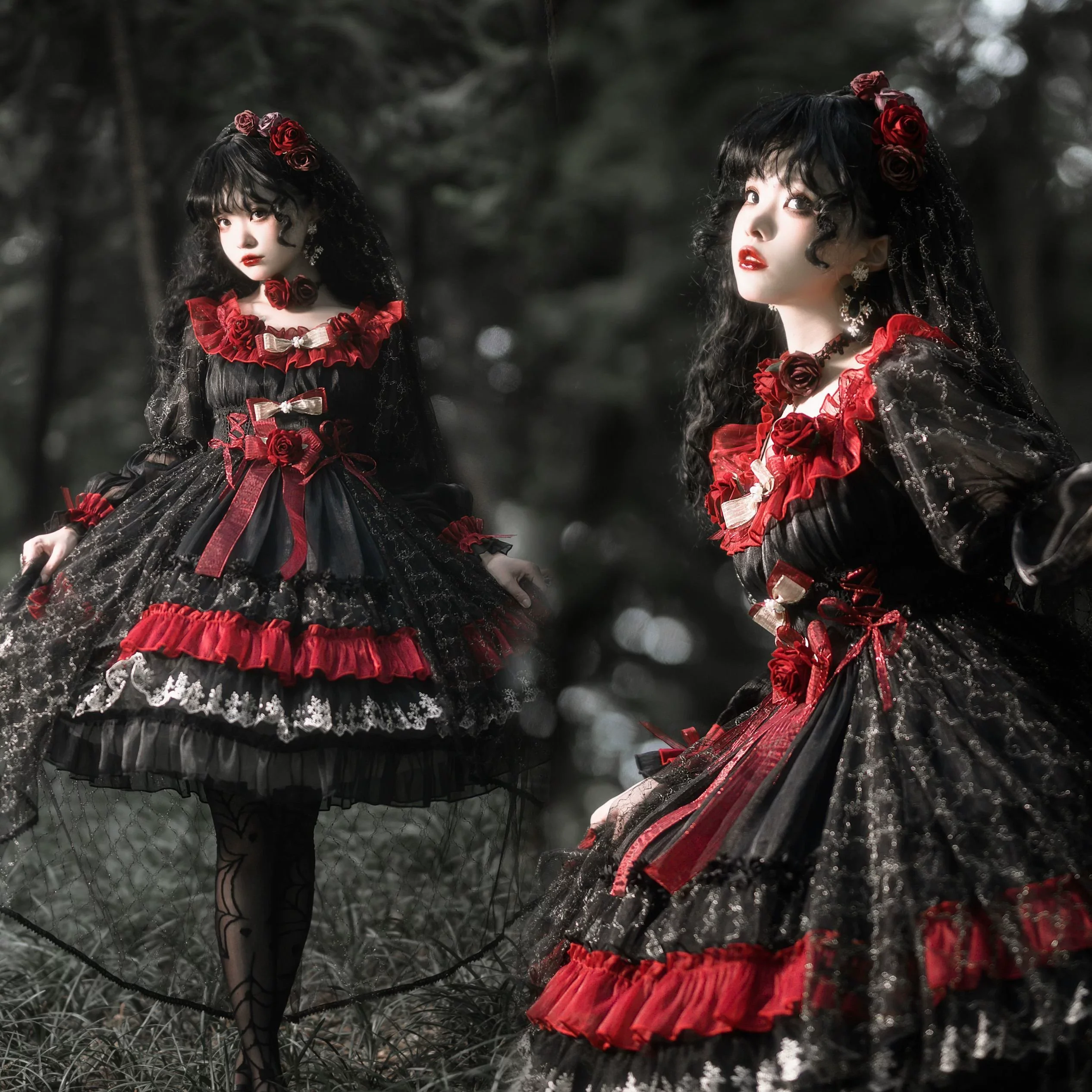 Night of Berea - Black and Red Gothic Lolita OP Dress, Floral Accent - Image 3
