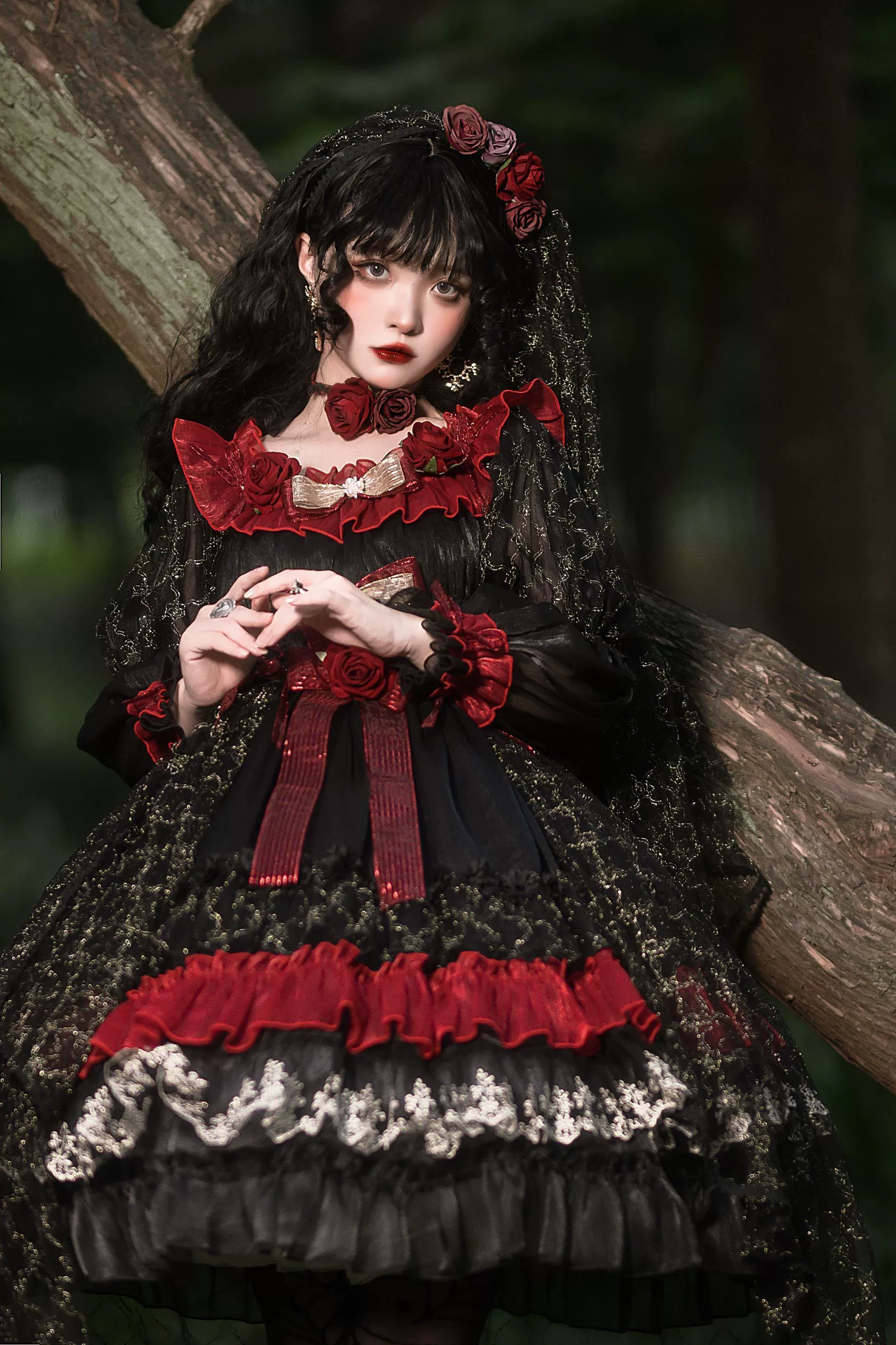 Night of Berea - Black and Red Gothic Lolita OP Dress, Floral Accent - Image 5