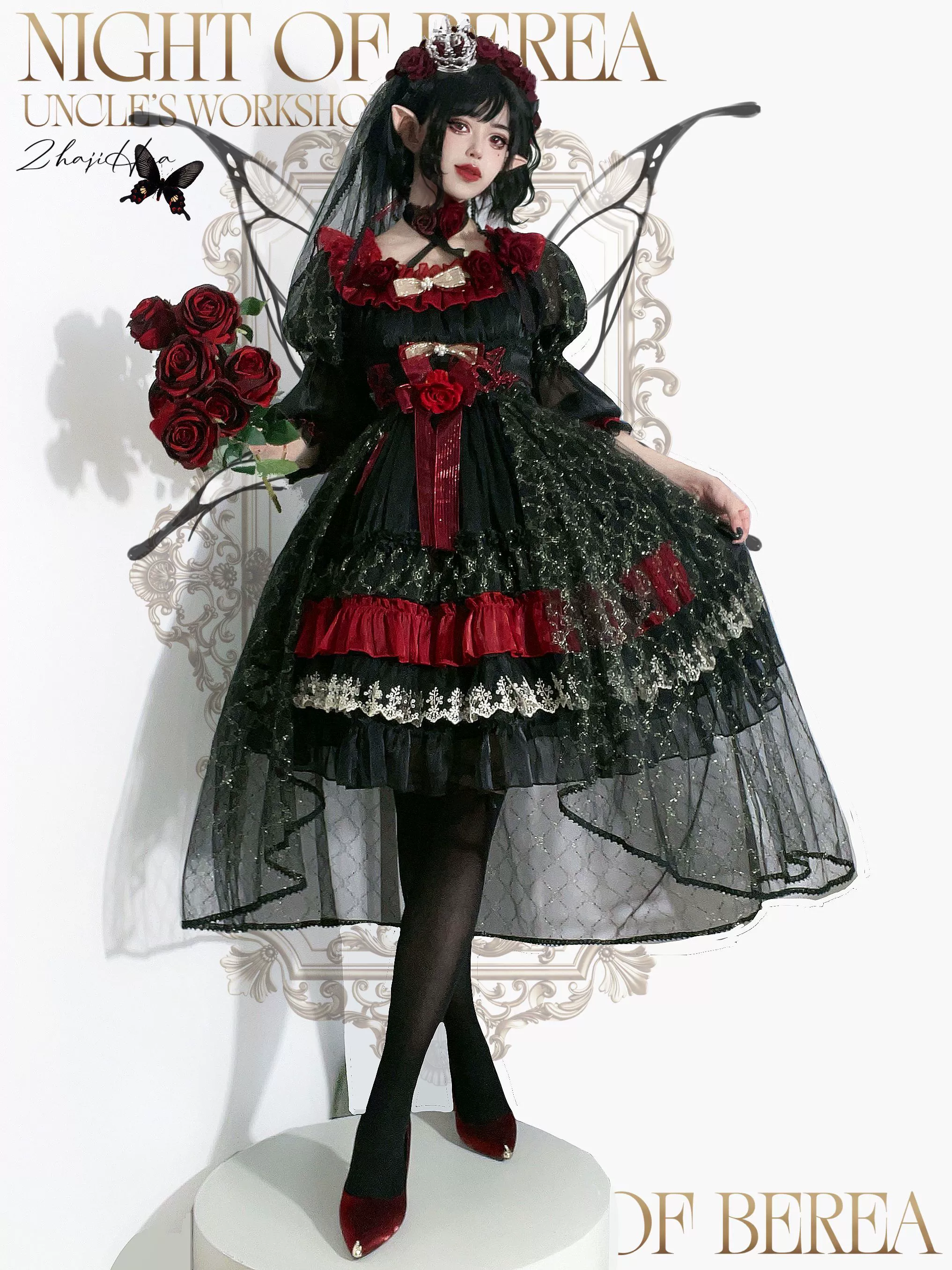 Night of Berea - Black and Red Gothic Lolita OP Dress, Floral Accent - Image 9