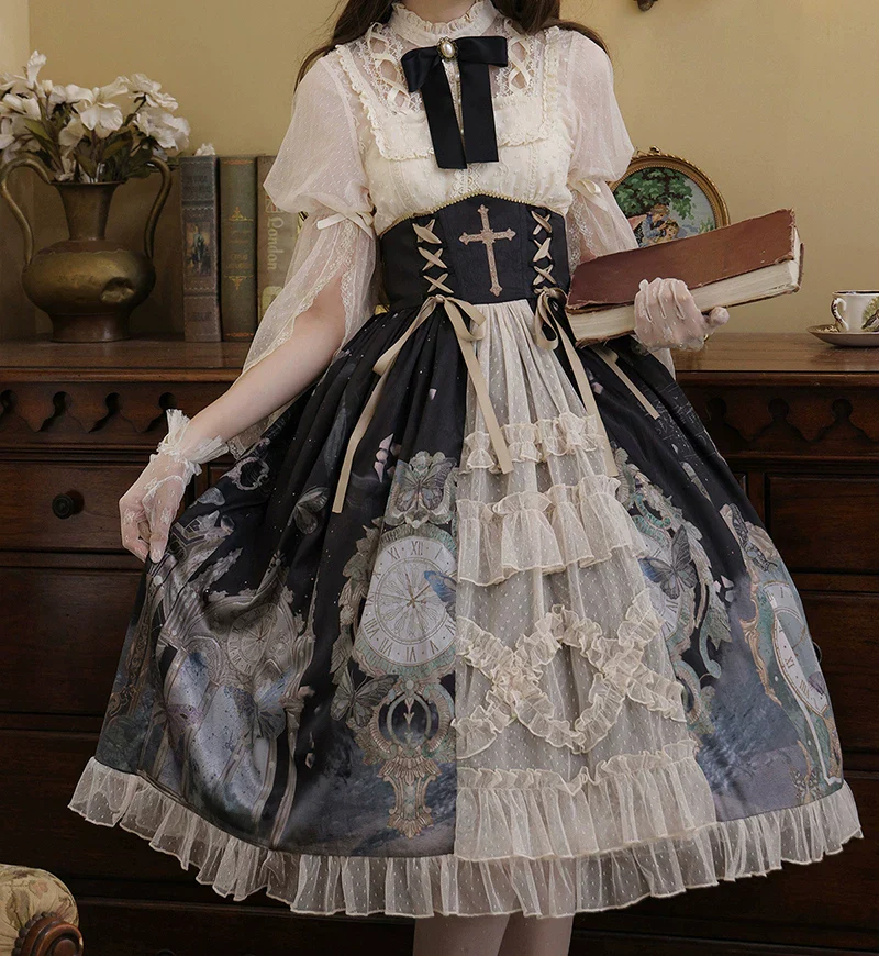 Clock Butterfly - Gothic Lolita Printed Blouse and Corset Skirt Set - Image 25