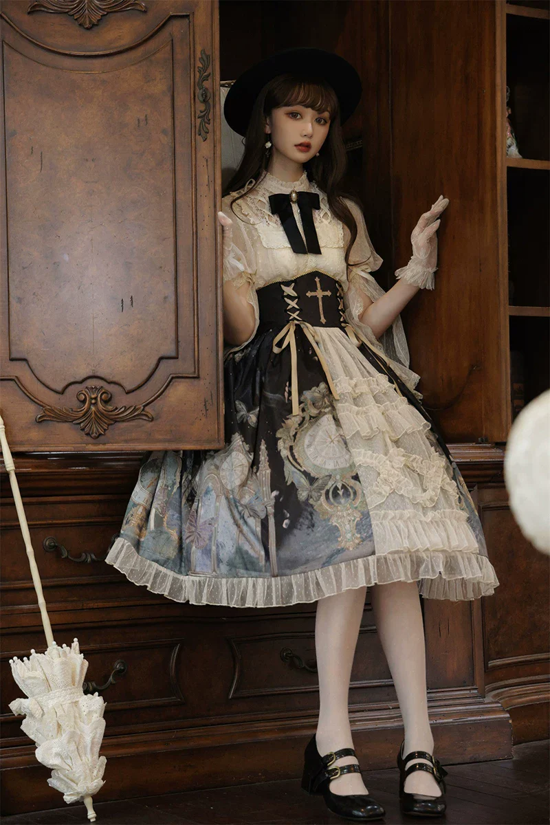 Clock Butterfly - Gothic Lolita Printed Blouse and Corset Skirt Set - Image 26