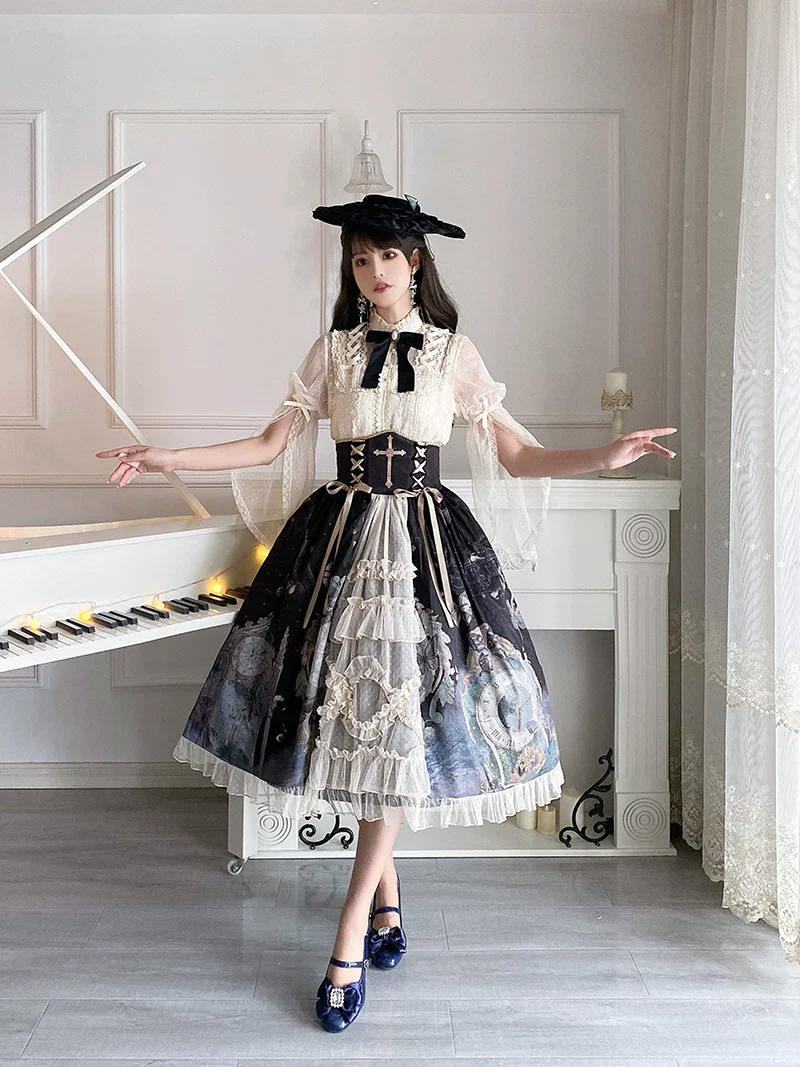 Clock Butterfly - Gothic Lolita Printed Blouse and Corset Skirt Set - Image 30