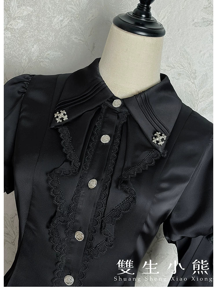 Dark Fog Feast - Gothic Lolita Satin Blouse, Hime Sleeves - Image 16