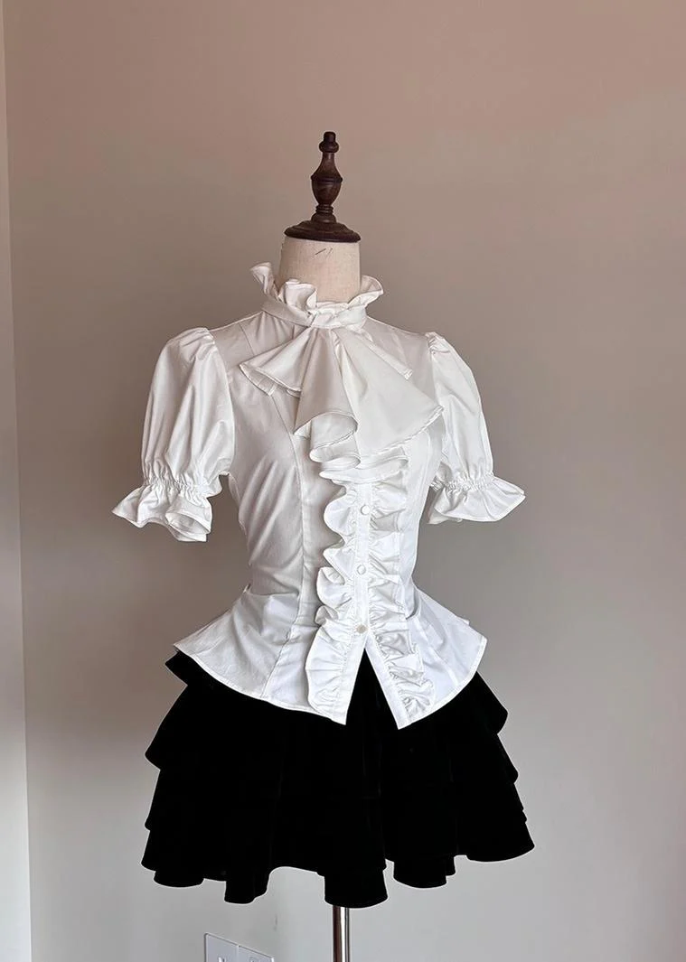 FlowerFairyDaily - Trace Night - Gothic Lolita Short-sleeved Shirt with Adjustable Waist - Image 13
