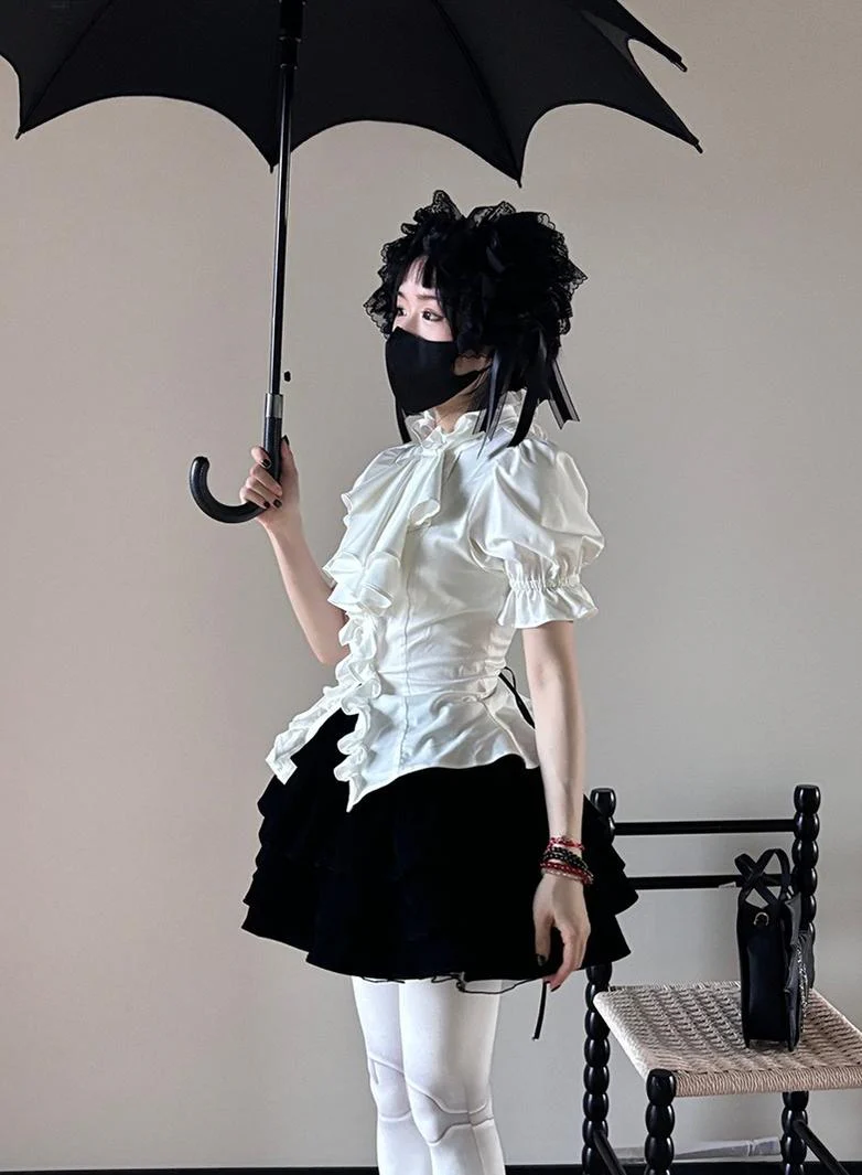 FlowerFairyDaily - Trace Night - Gothic Lolita Short-sleeved Shirt with Adjustable Waist - Image 16