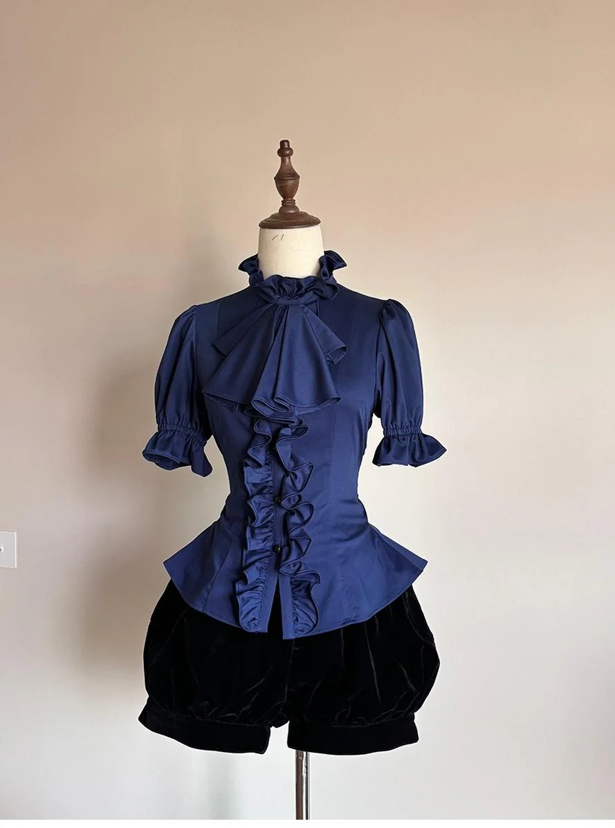 FlowerFairyDaily - Trace Night - Gothic Lolita Short-sleeved Shirt with Adjustable Waist - Image 2