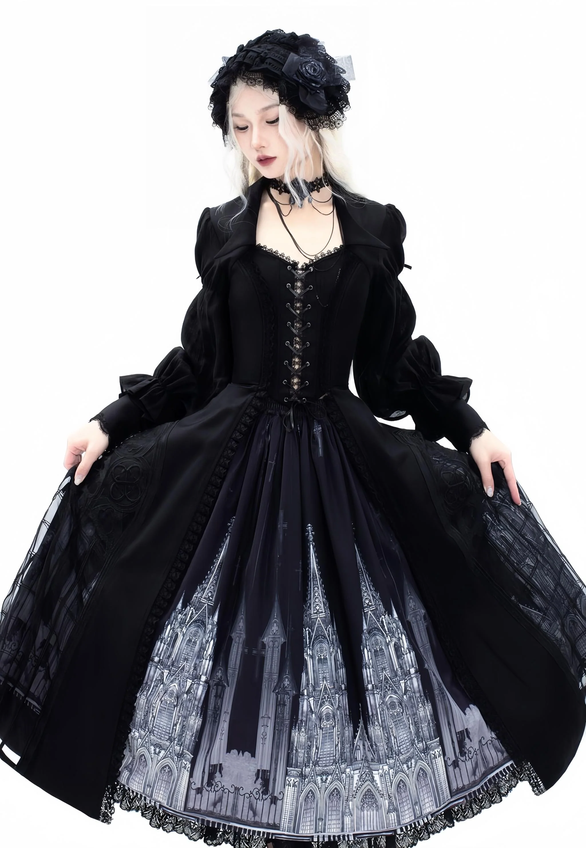 Night Traveler - Gothic Lolita Skirt Outfit Long Coat Shirt and Bustier Set - Image 3