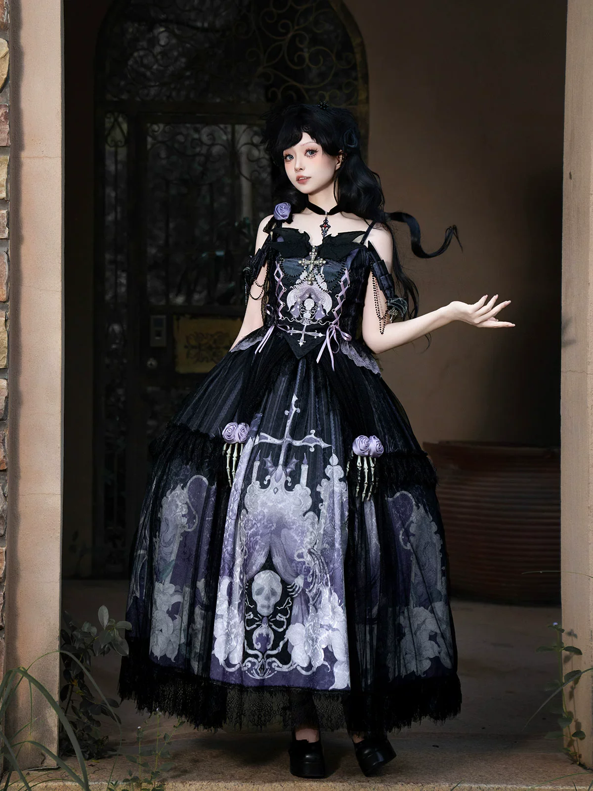 Withered Bone Specter - Gothic Lolita Skirt Set, Rose & Skeleton Hand Decor - Image 10