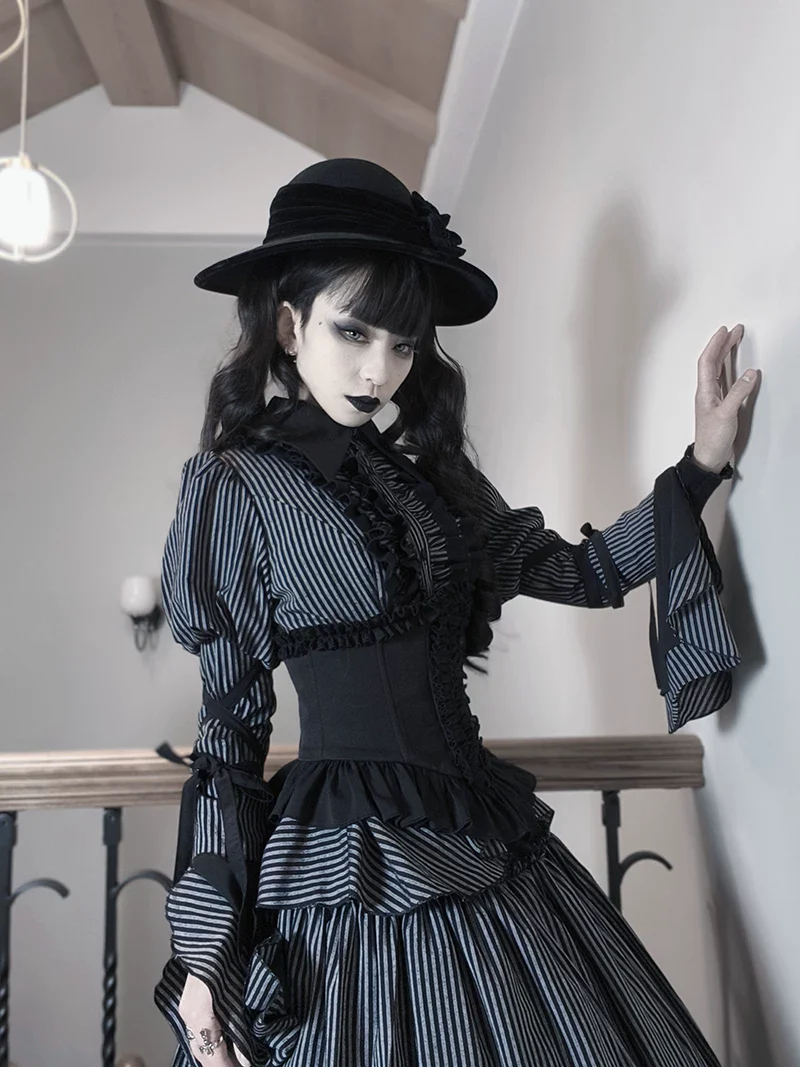 Striped Wednesday - Gothic Lolita Striped Blouse Set, Ruffled Corset - Image 14
