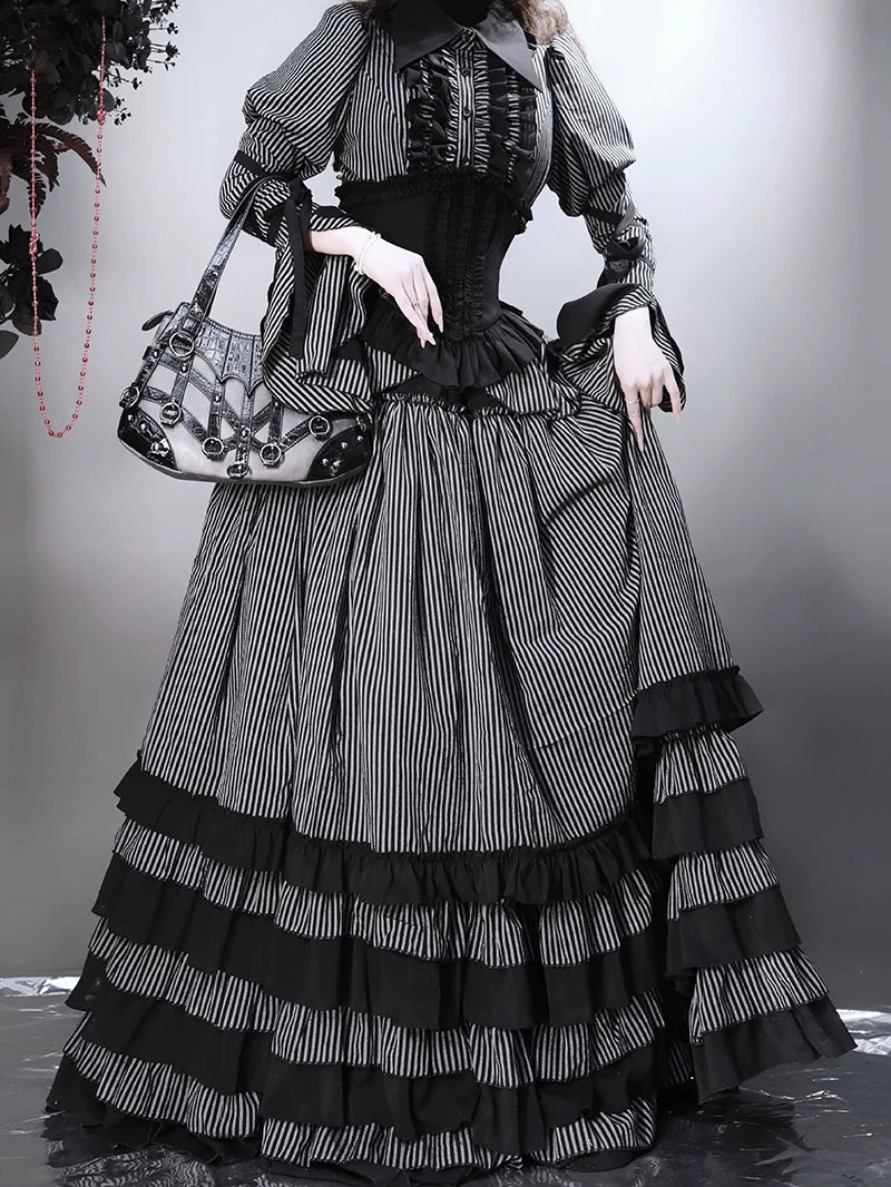 Striped Wednesday - Gothic Lolita Striped Blouse Set, Ruffled Corset - Image 19