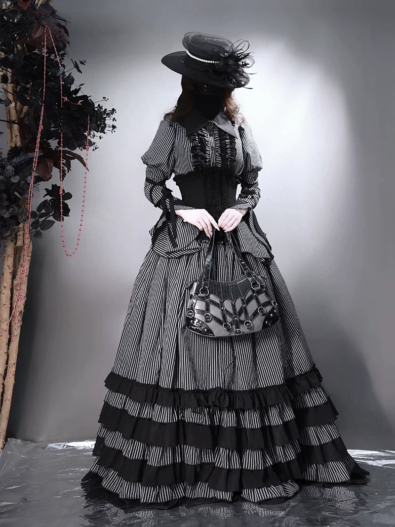 Striped Wednesday - Gothic Lolita Striped Blouse Set, Ruffled Corset - Image 3