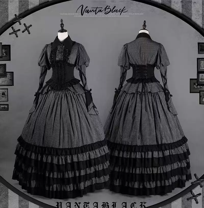 Striped Wednesday - Gothic Lolita Striped Blouse Set, Ruffled Corset - Image 9