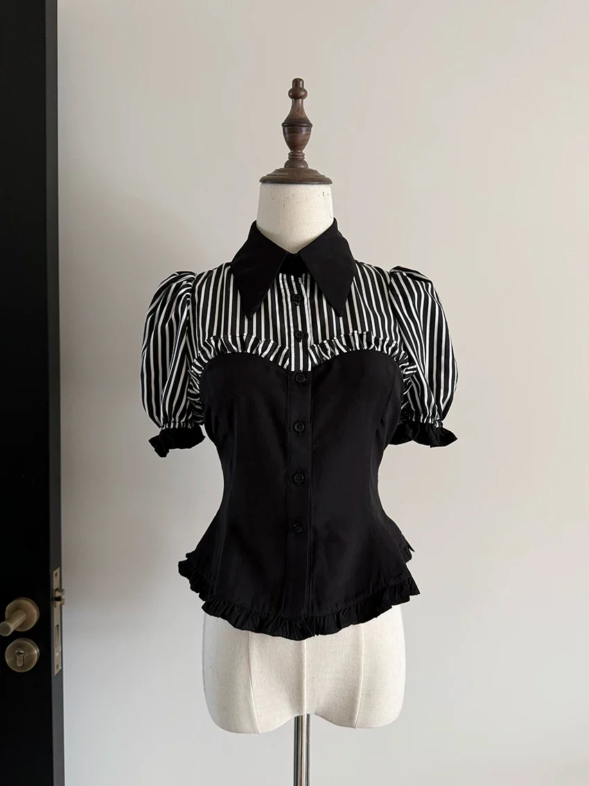 Laura's Reply - Gothic Lolita Striped Patchwork Blouse - Image 3