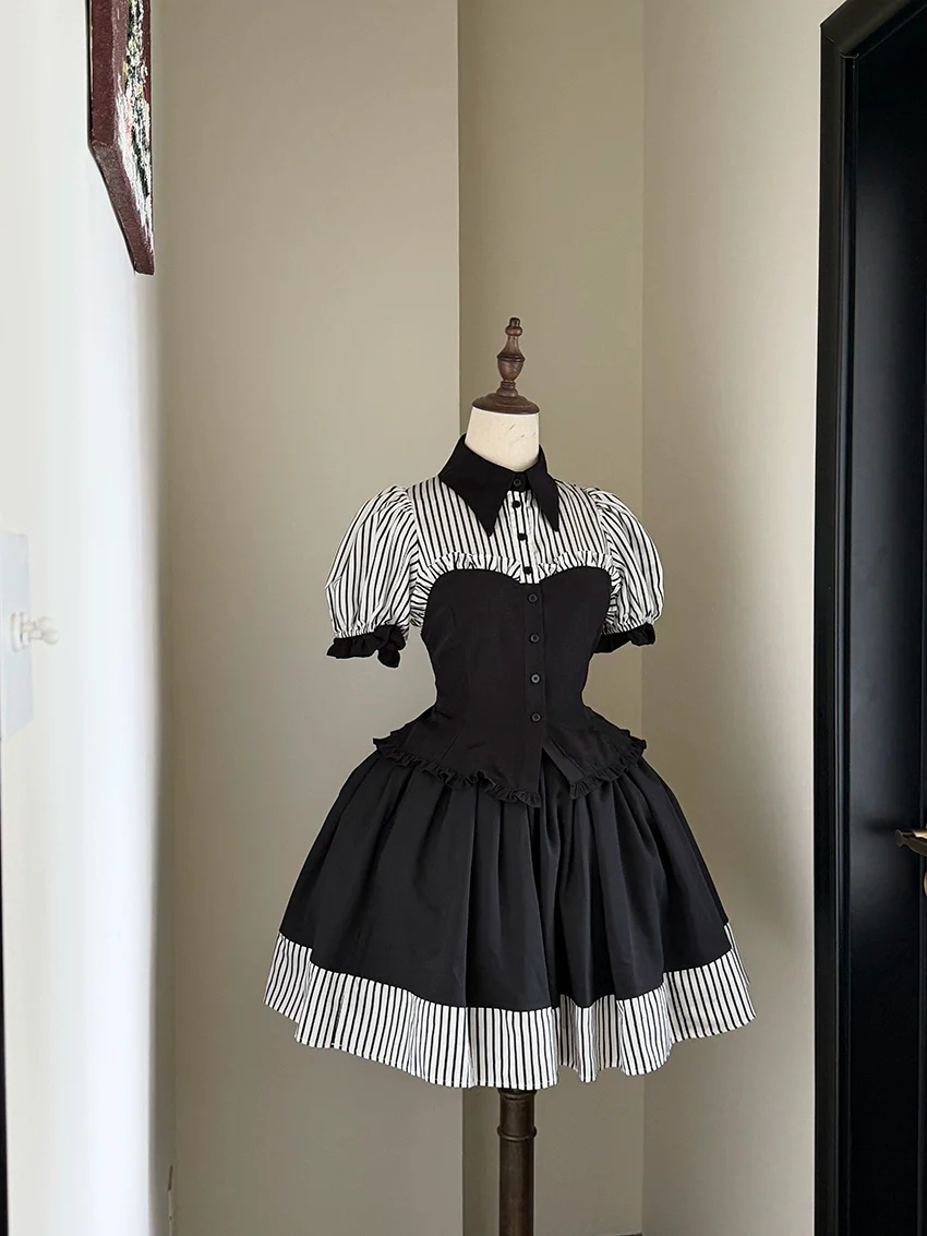 Laura's Reply - Gothic Lolita Striped Patchwork Blouse - Image 7