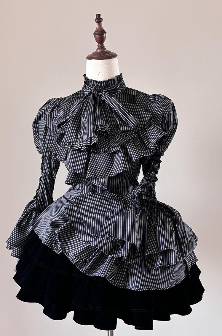FlowerFairyDaily - Gothic Lolita Striped Shirt With Alternative NeckTie/Jabot - Image 2
