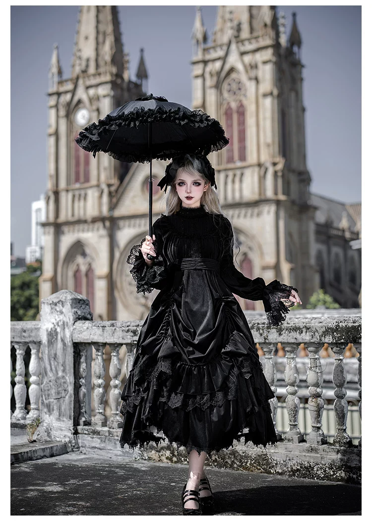Dawn Bell & Dusk Song - Gothic Lolita Velvet OP Dress, Back Zipper - Image 5