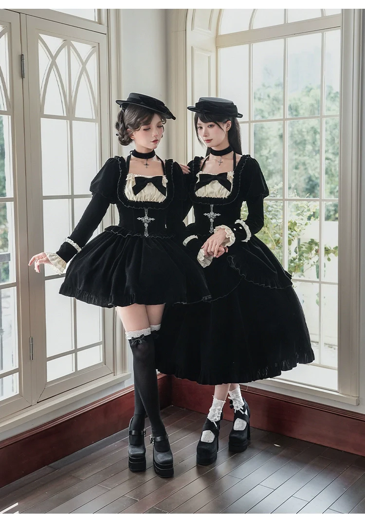 With PUJI - Apocalypse - Gothic Lolita Velvet OP Dress Set, Fishbone Waist - Image 10