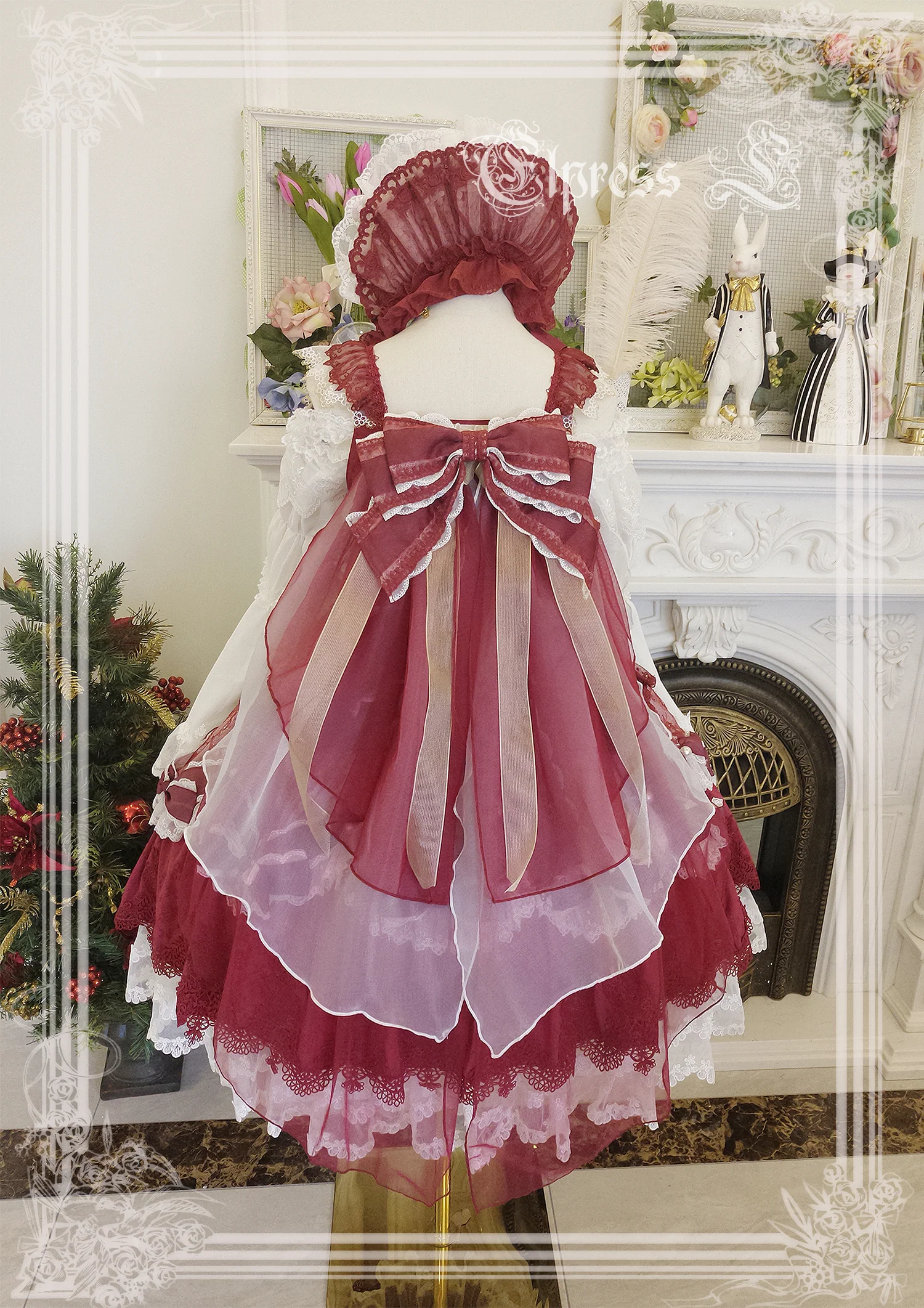 Christmas Flower Hairpins Lolita Mesh Veil KC Bonnet - Image 6