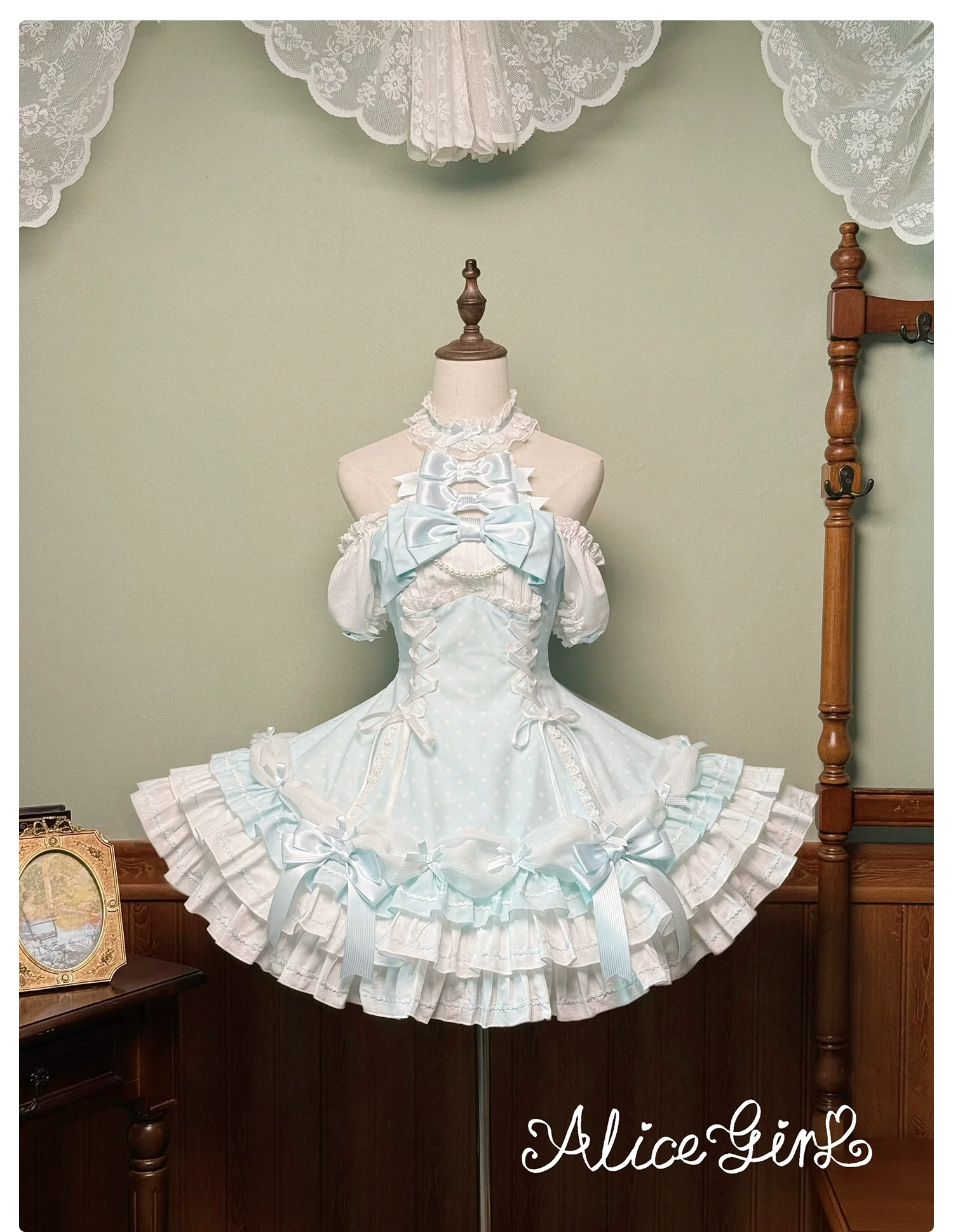 Old School Lolita Halter Neck OP Dress, Polka Dot Accent - Image 3