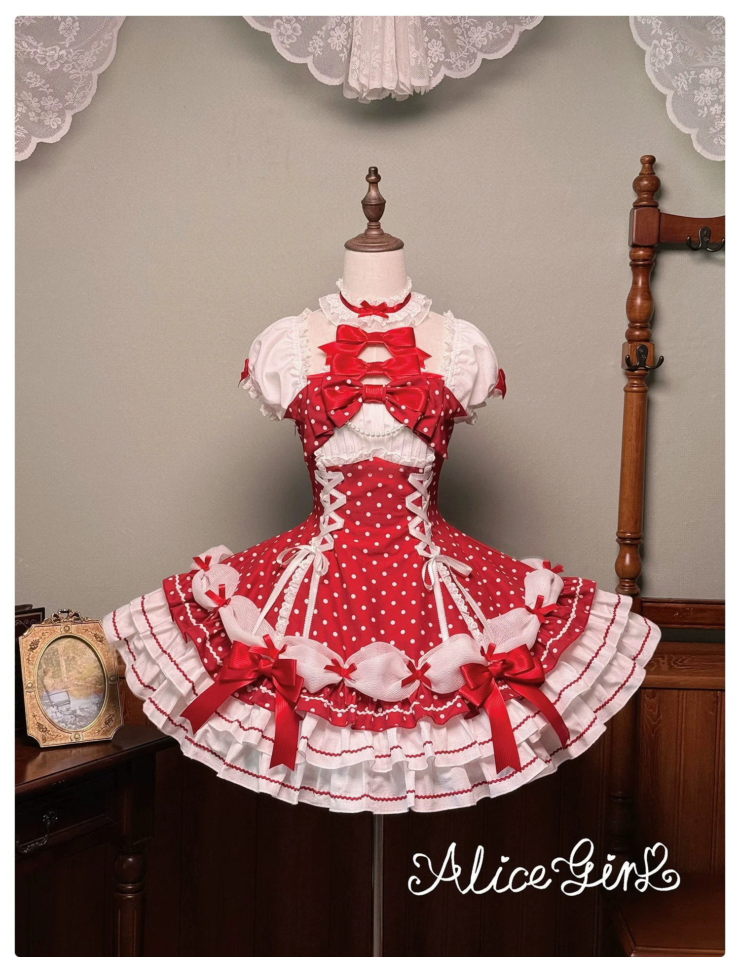 Old School Lolita Halter Neck OP Dress, Polka Dot Accent - Image 52
