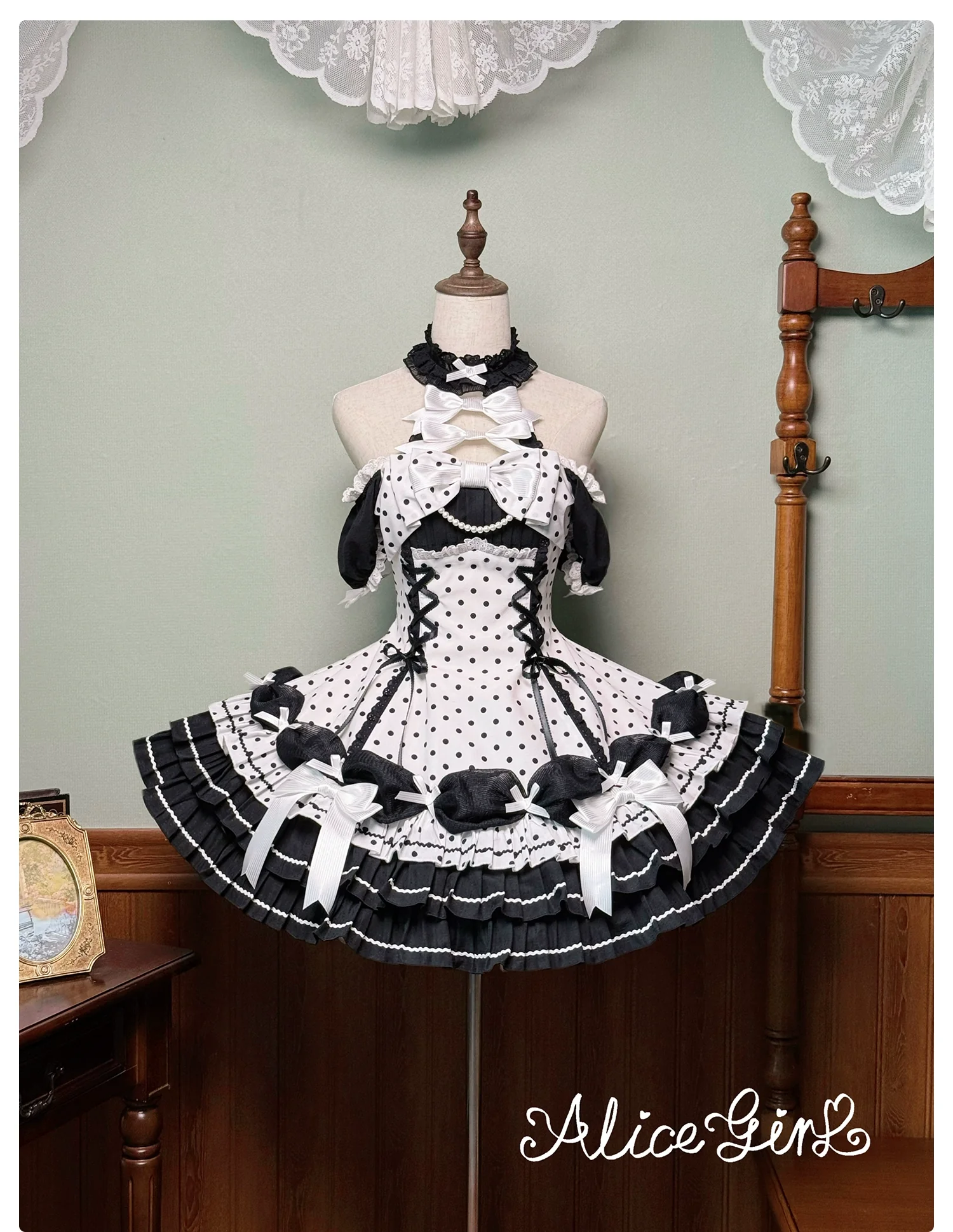 Old School Lolita Halter Neck OP Dress, Polka Dot Accent - Image 62