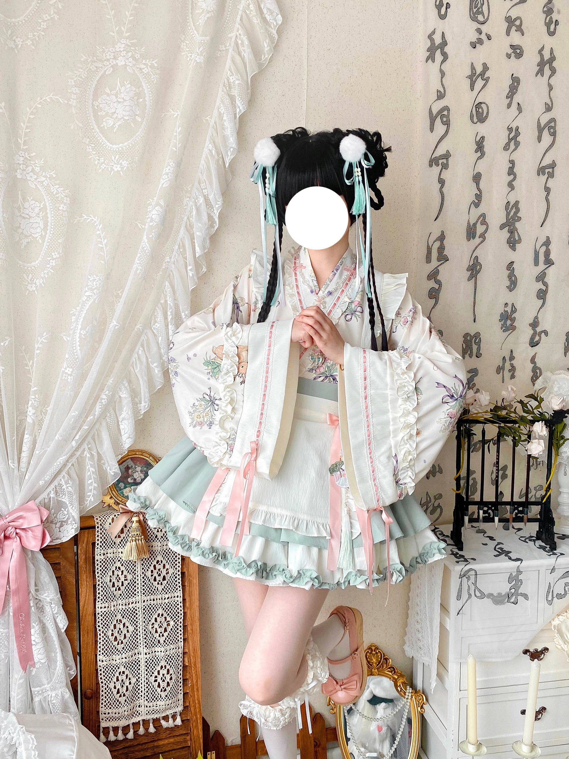 Qianmu - Little Herbalist - Han Lolita Skirt Outfit with Cross-collar Blouse and Apron - Image 11