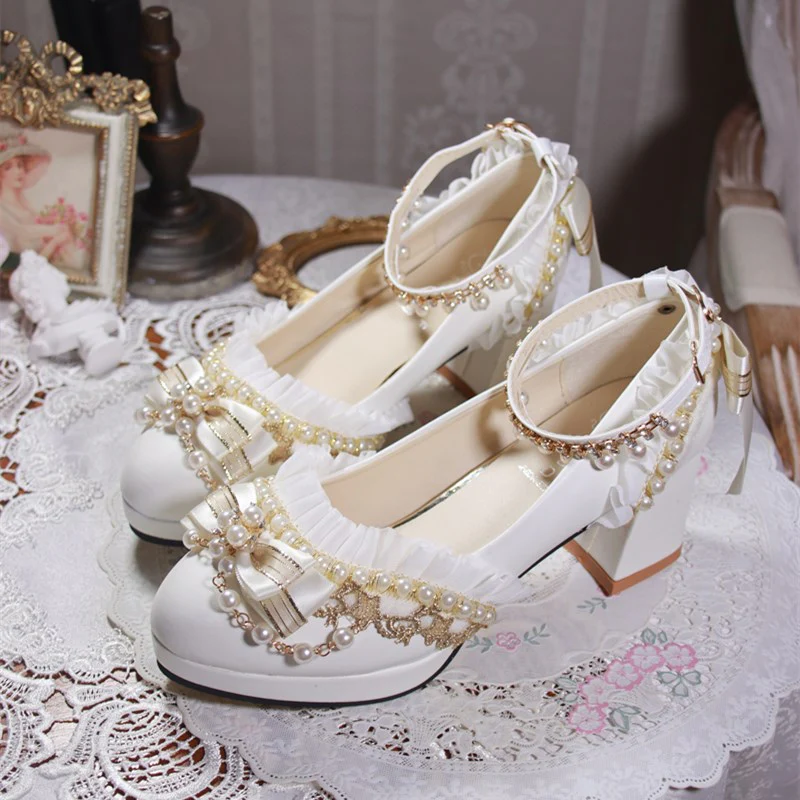 One Night - Handmade White Wedding Lolita Heel Shoes - Image 3