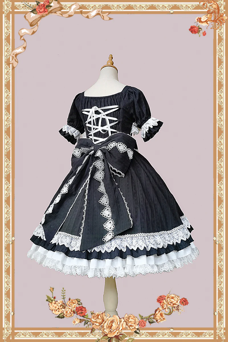 Doll-like Old-School Lolita OP Dress, Patchwork Sleeve - Image 5