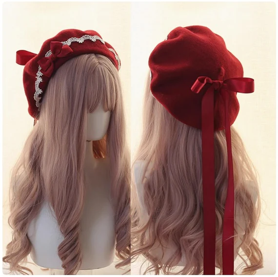 Xiaogui - Japanese Style Sweet Woolen Lolita Lace Beret - Image 14