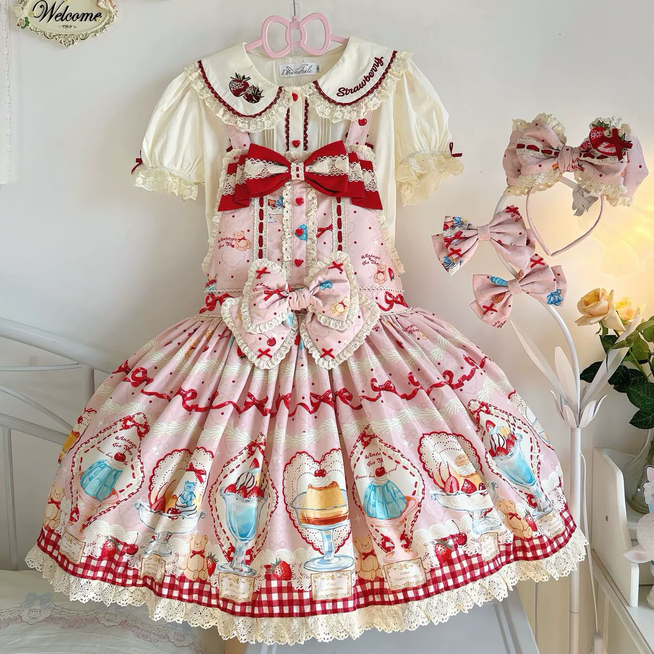 Showa Dessert Showcase - Kawaii Lolita JSK/Salopette Dress Suit, Pudding-Inspired - Image 38