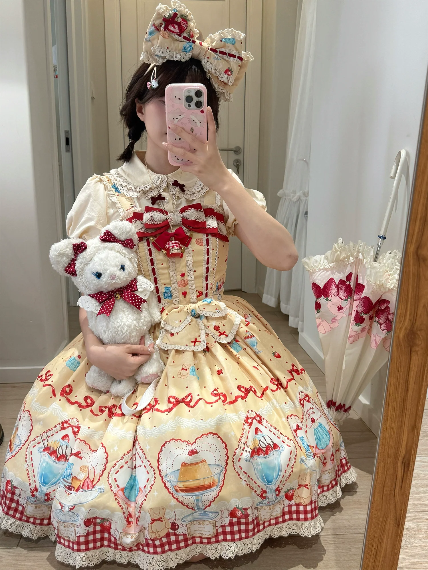 Showa Dessert Showcase - Kawaii Lolita JSK/Salopette Dress Suit, Pudding-Inspired - Image 53