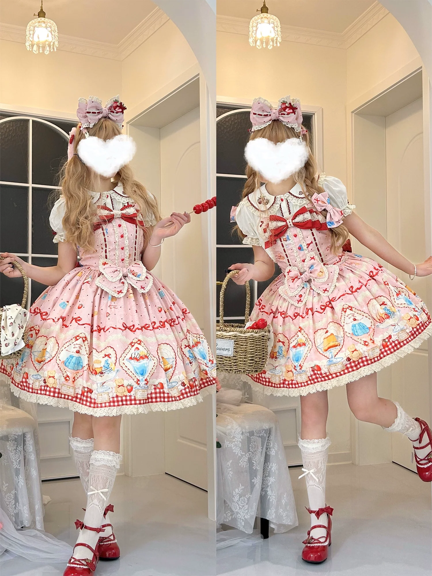 Showa Dessert Showcase - Kawaii Lolita JSK/Salopette Dress Suit, Pudding-Inspired - Image 74