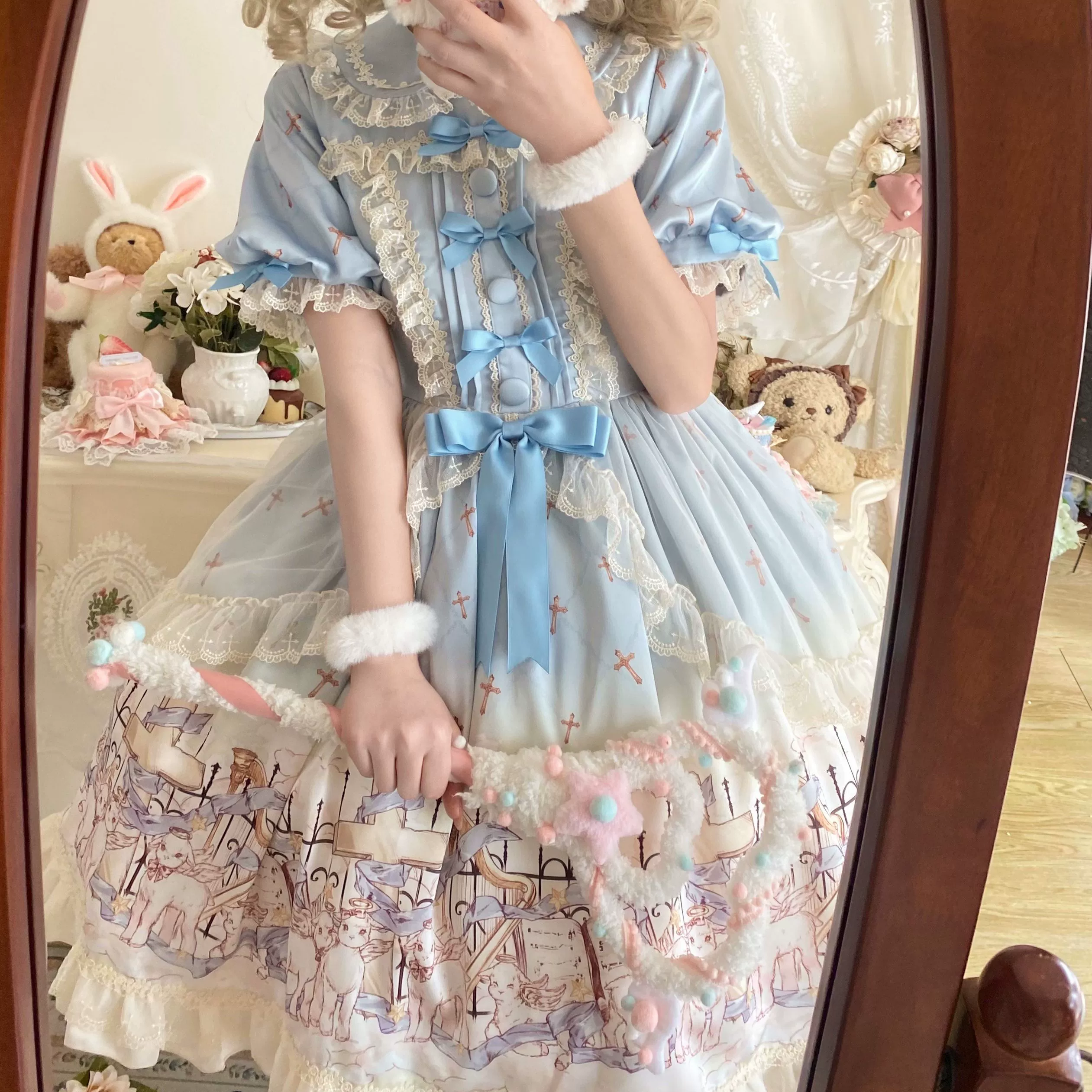 Angel Lamb - Kawaii Lolita Dress With Side Pockets, Lamb Print - Image 11