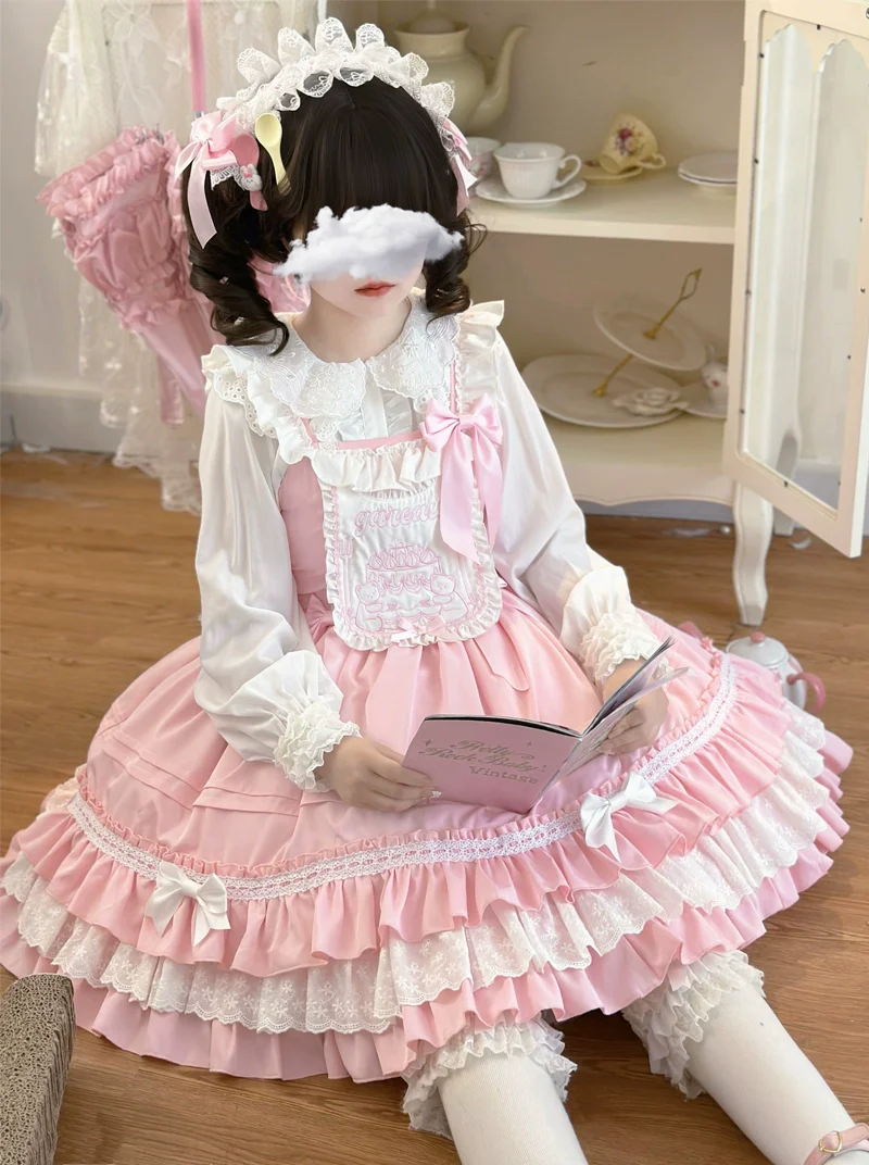Hanguliang - Sweet Bear - Kawaii Lolita JSK Dress Embroidery Flounce Hem - Image 6