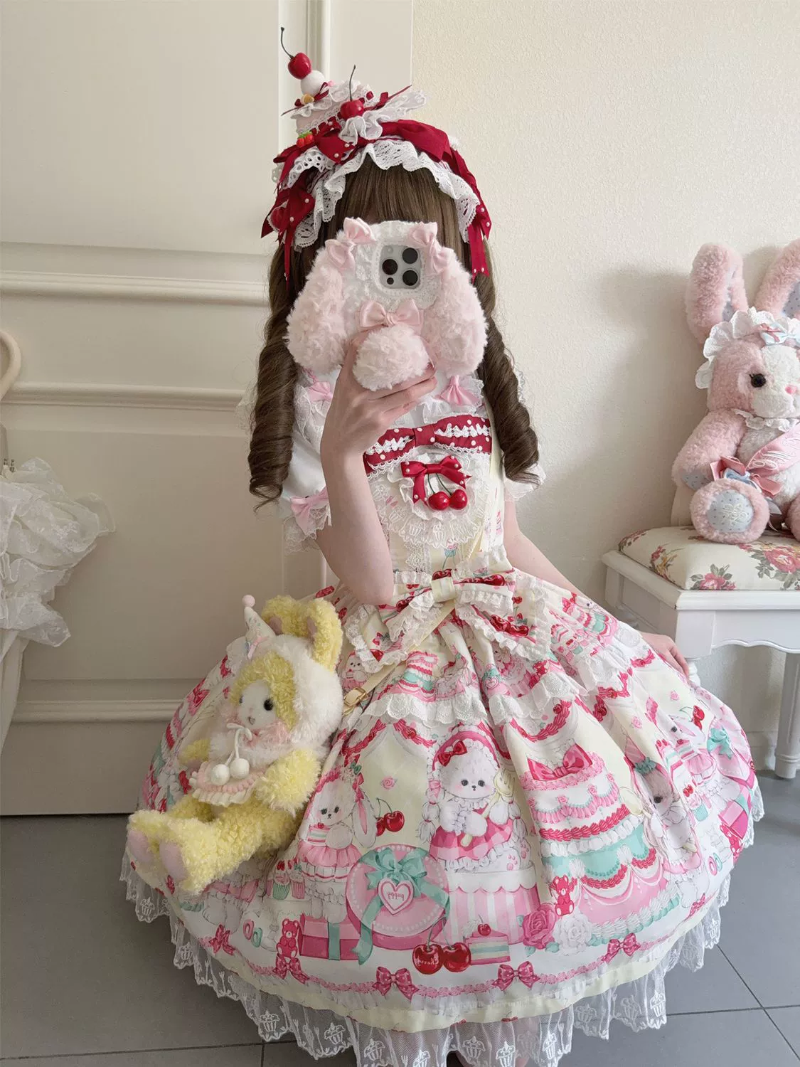 Hanguliang - Cherry Bake Song - Kawaii Lolita JSK Dress With Dessert Print & Cherry Bow - Image 16