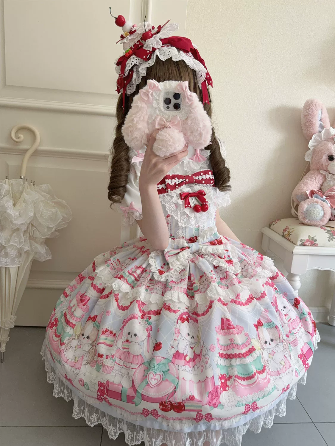 Hanguliang - Cherry Bake Song - Kawaii Lolita JSK Dress With Dessert Print & Cherry Bow - Image 19