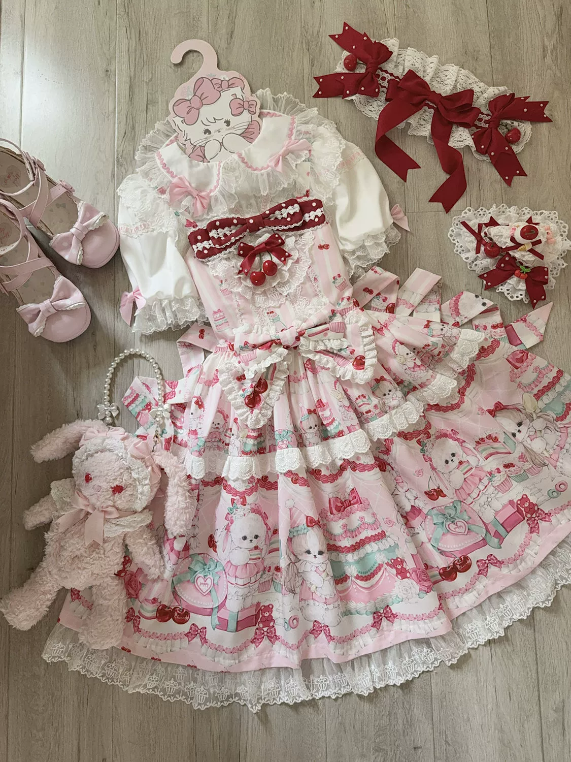 Hanguliang - Cherry Bake Song - Kawaii Lolita JSK Dress With Dessert Print & Cherry Bow - Image 22