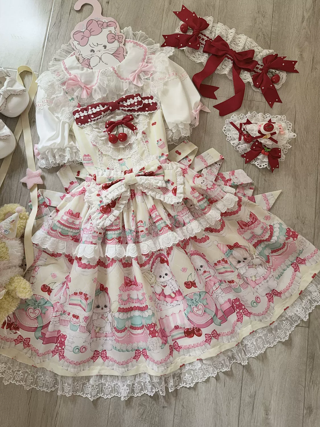Hanguliang - Cherry Bake Song - Kawaii Lolita JSK Dress With Dessert Print & Cherry Bow - Image 23