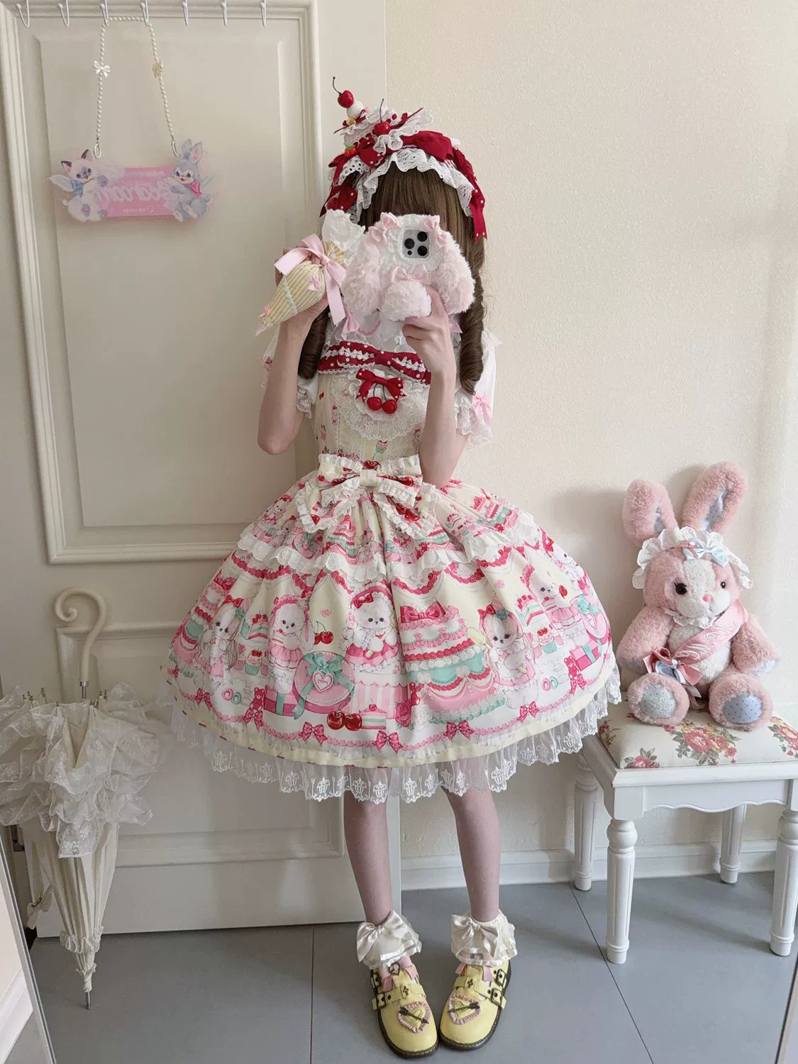 Hanguliang - Cherry Bake Song - Kawaii Lolita JSK Dress With Dessert Print & Cherry Bow - Image 3