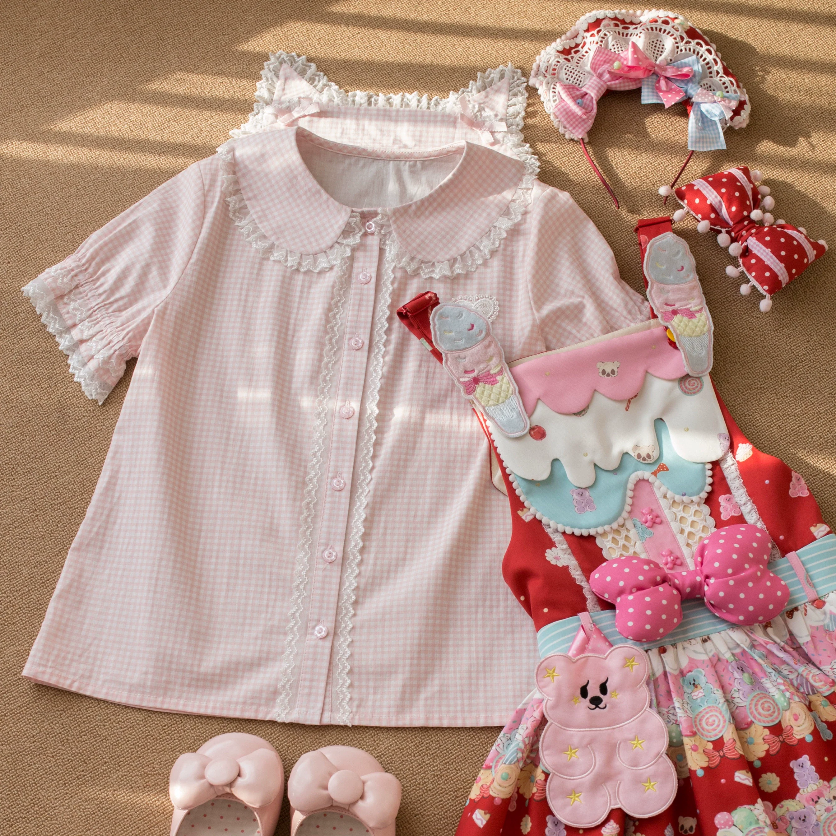 Kawaii Lolita Plaid Blouse With Cat Ear Peter Pan Collar - Image 2