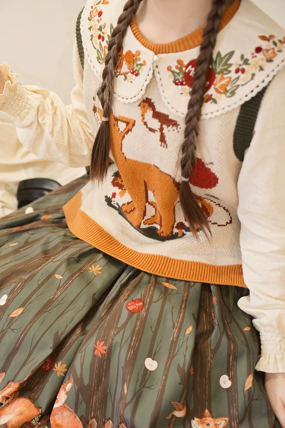Chubby Fox in the Forest - Kawaii Lolita Accessories Knitted Fox Scarf Embroidered Faux Collar - Image 10