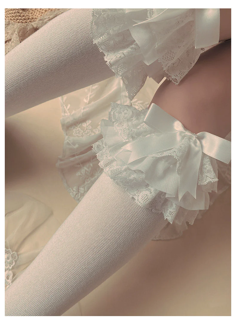 Cotton Lolita Bow Socks with Layered Lace Trim - Image 10